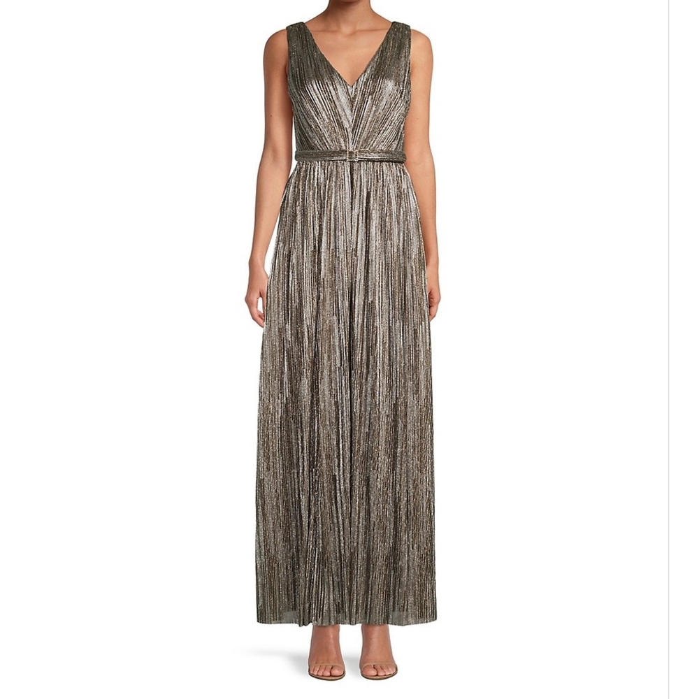 Eliza JV-Neck Metallic Belted Gown